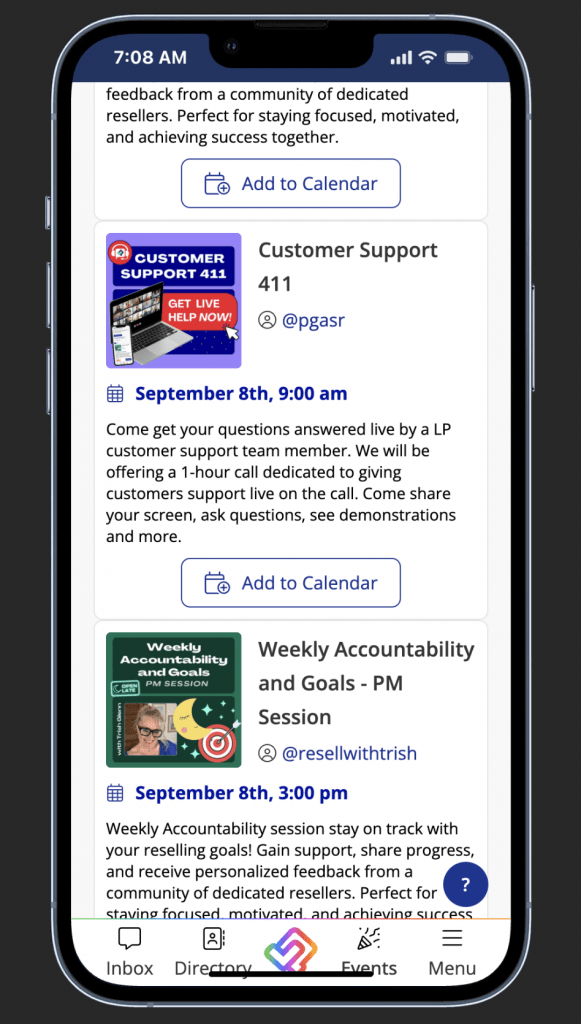 Mobile listing party screenshot